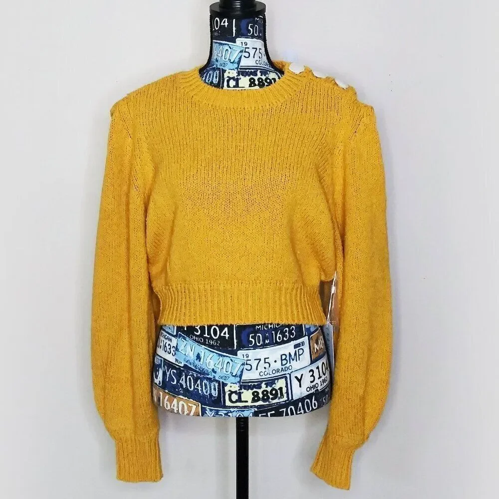 RONNY KOBO Sallynna Cropped Sweater Puff‎ Sleeve Revolve Mango Gold Cotton L NWT